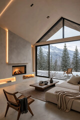 Fototapeta premium Ultra Minimalist Forest Cabin Interior With Warm Timber Ceiling And Flooring, Central Black Wood-Burning Stove And Full-Height Black Steel Glass Doors Overlooking Coniferous Forest (AI-Generated)