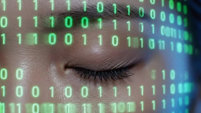A close up view of a human eye scanning digital binary code data