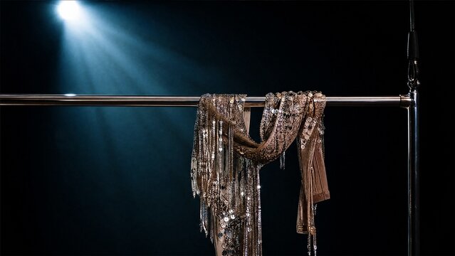 Polished silver aerialist bar with sequined costume draped over it, spotlight.