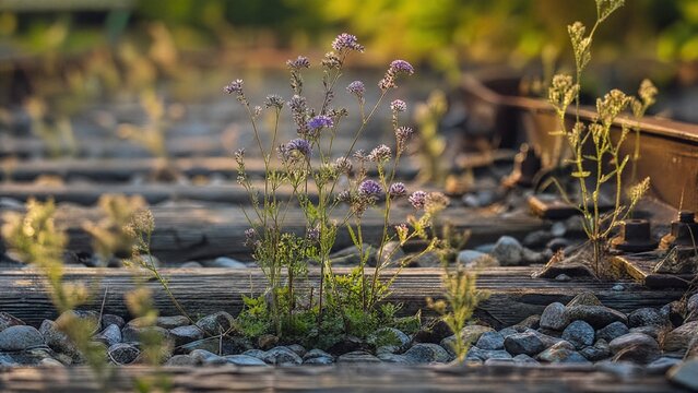Wildflowers growing between weathered railway sleepers at golden hour.