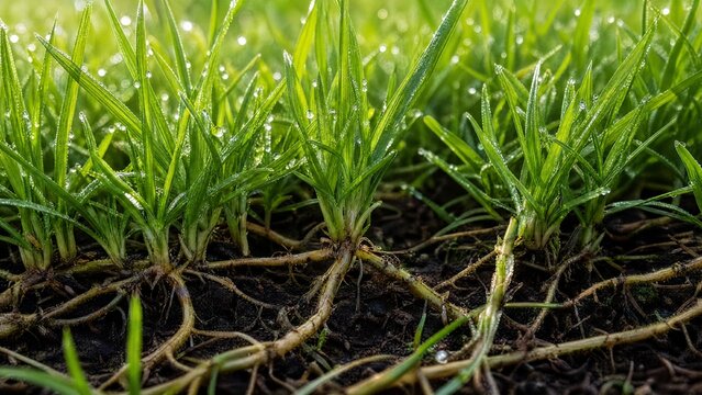 Lush green lawn with stolon network connecting grass clusters, morning dew.