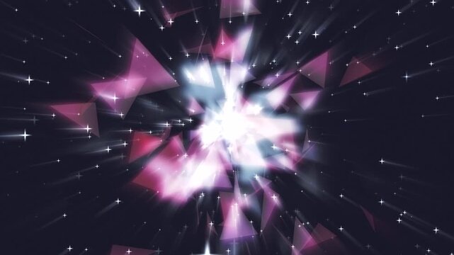Abstract cosmic light burst scene overlay with glowing triangles, sparkling stars, radiant light bursts. Glowing nebula triangular with particles, light burst, explosion luminous for scifi visual. 4K