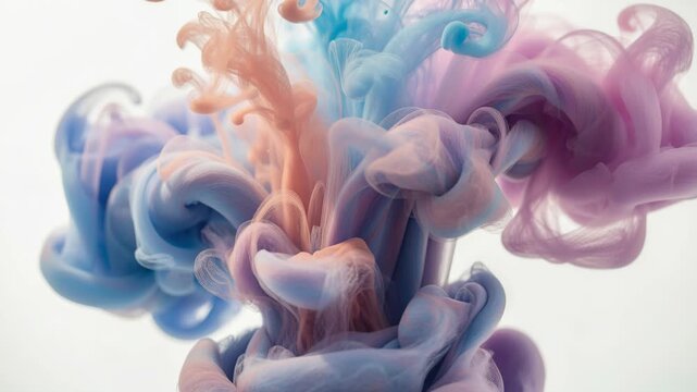 Colorful Ink Diffusion: Abstract swirls of vibrant pink, blue, and purple ink blend and diffuse in water, creating a mesmerizing, ethereal visual display.