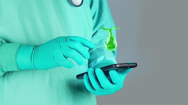 Gastroenterology specialist interacts with 3D hologram showing cholelithiasis in the gallbladder from a mobile device, digital digestive diagnosis concept, precision medicine.