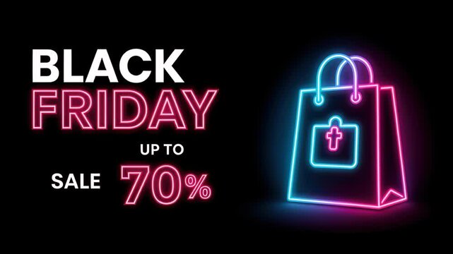 Black Friday Neon Sale Announcement: A vibrant neon sign announces a Black Friday sale of up to 70%, featuring a glowing shopping bag.