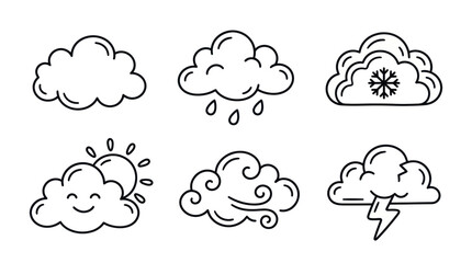 Fototapeta premium Cute Weather Icons: Sun, Rain, Snow, Wind, Storm, Clouds - Line Art