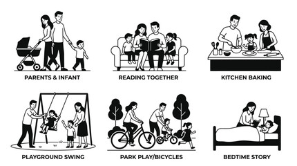 Fototapeta premium Family Activities: Parents, Kids, Reading, Baking, Playground, Cycling, Bedtime Story