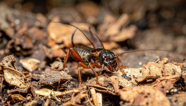 A detailed macro view of an earwig navigating through fallen leaves in its natural habitat