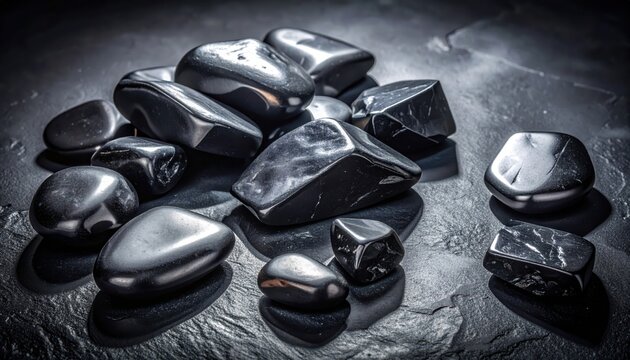 Collection of smooth dark hematite stones with a metallic sheen displayed on a textured surface