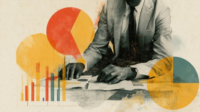Meets future data charts on textured paper, retro futuristic style, collage illustration, business insight storytelling