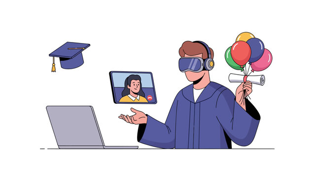 Student Wearing VR Goggles Celebrating Virtual Graduation with Diploma and Balloons