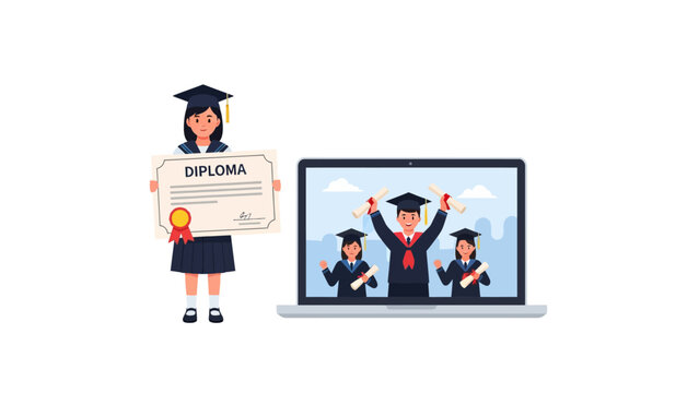 Online Graduation Illustration with Girl Holding Diploma and Virtual Classmates on Laptop