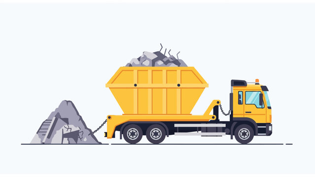 Yellow construction skip loader truck with full container of concrete debris and rubble, flat vector illustration.