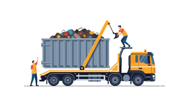 Industrial garbage truck loading waste skip bin with workers illustration