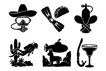 Set of travel and vacation icons with scuba diving gear taco sombrero and underwater themes. © Avijit