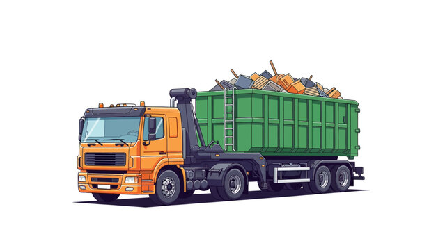 Orange roll-off garbage truck with green container full of debris isolated on white. Hook lift truck illustration for waste management and junk removal services.