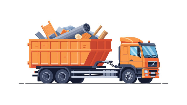 Orange Roll-off Garbage Truck Vector Illustration with Construction Waste