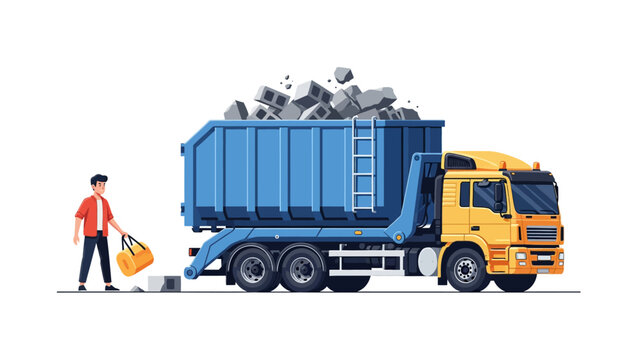 Construction waste skip truck with worker illustration