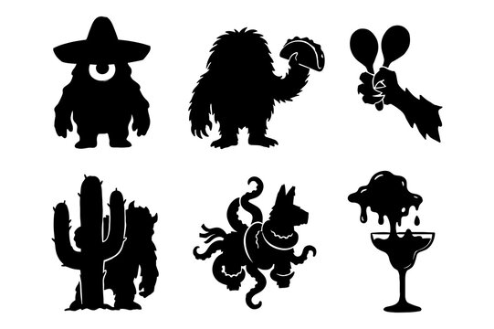Monsters and mythical creatures in silhouette holding tacos and drinks in mexico theme.