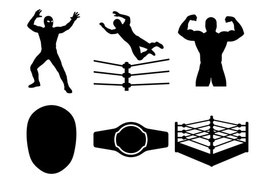Lucha libre professional wrestling silhouettes featuring masks rings and champion belt.