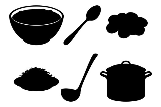 Mexican food silhouette collection with bowl spoon ladel and pot vector.