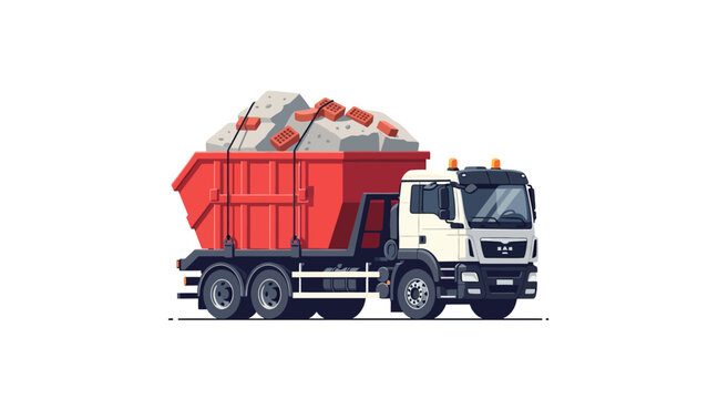White skip truck carrying red container with construction debris, vector illustration.