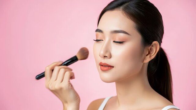 Young Woman Applying Makeup: A young Asian woman with a serene expression applies blush with a makeup brush, her eyes closed in concentration, against a soft pink background.