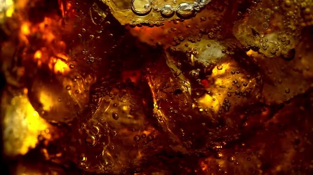 A refreshing glass of cola filled with sparkling ice cubes and fizzy bubbles, capturing the essence of a cold, thirst-quenching beverage