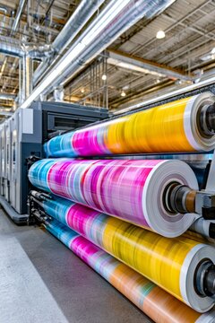 Commercial printing press at work creating vibrant magazines in a busy production facility during daylight hours