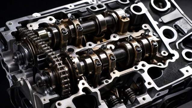 Cross-section of an engine showing intricate camshaft components.