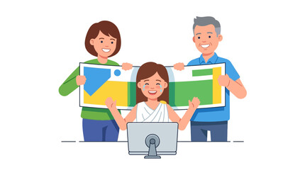 Obraz premium Family Supporting Young Girl Digital Achievement Vector Illustration