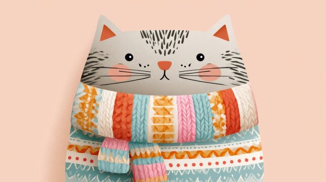 Cute knitted cat character wears a scarf and sweater with fun patterns in cozy pastel colors in a whimsical folk art style