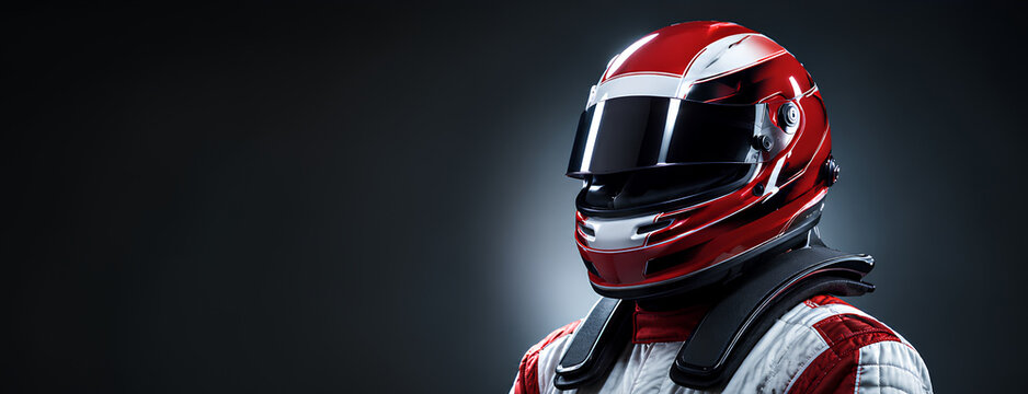 Professional Racing Driver in Race car Style Suit and Helmet, Motorsport Safety Gear with HANS Device 8K