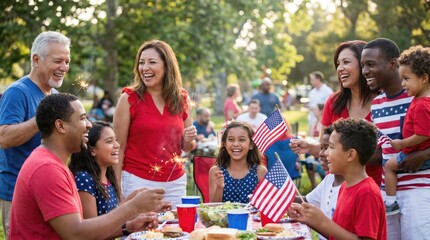 Fototapeta premium Multi-generational family celebrating outdoor picnic with American flags and sparklers in summer park
