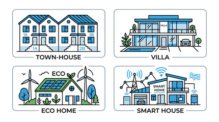 Fototapeta premium Modern Housing Options: Townhouse, Villa, Eco Home, Smart House