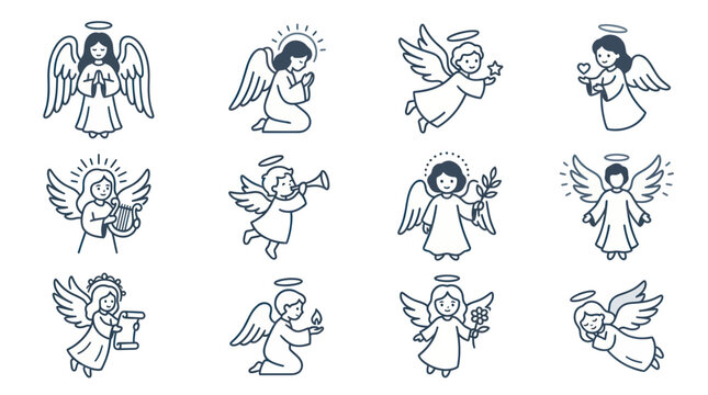 Cute Angel Icons: Praying, Playing Music, Holding Star, Candle, Scroll, Olive Branch