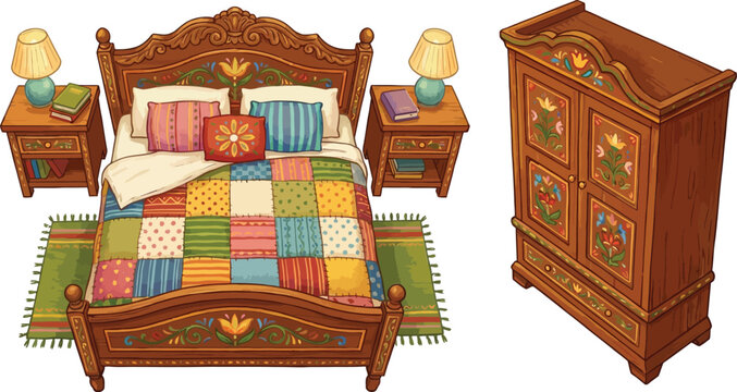 Wooden bedroom furniture set with carved bed frame, bedside tables, lamps, and wardrobe in a colorful folk art style
