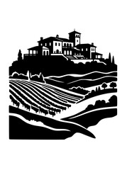Obraz premium Black and white linocut style illustration of a vineyard villa and hills