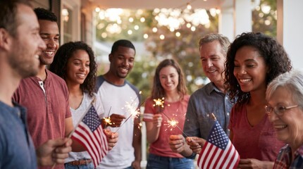 Obraz premium Multi-generational diverse family celebrating with sparklers and flags on a porch for summer holiday