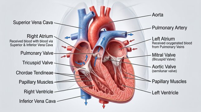 Anatomical illustration of the human heart with labeled parts