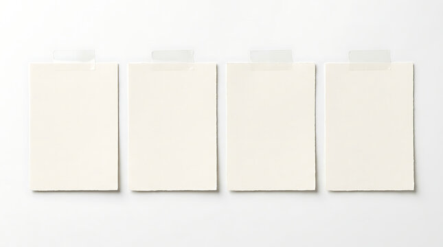 Four blank paper notes taped on a white wall mockup template