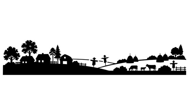 Rural farm landscape silhouette with houses animals and scarecrows