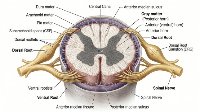 Detailed crosssection illustration of human spinal cord anatomy