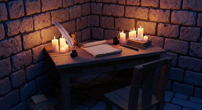 Rustic wooden desk in a stone chamber holds aged parchment, feather quill, inkwell, and glowing candles in a quiet workspace environment, medieval, room, book
