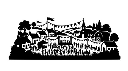 Obraz premium Black and white silhouette of a village festival with people celebrating