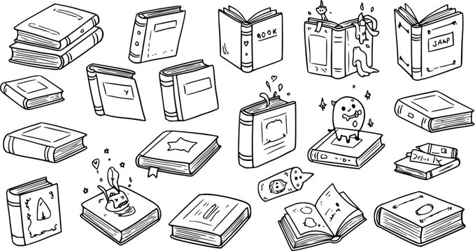 Black and White Line Art Doodle of Various Books, Stacked Books, Open Books, and Book Characters