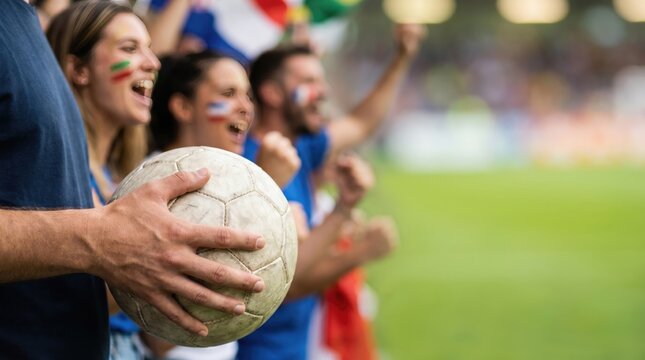 Group of Excited Young Adult Soccer Fans Cheering at Stadium Match Holding Ball Concept of Sports Fandom and Team Spirit