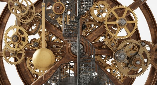 Spiral metal stairs winding through a massive mechanical clock interior, showcasing bronze gears, gold pendulums, and intricate brass cogs, steampunk, spiral, shadows