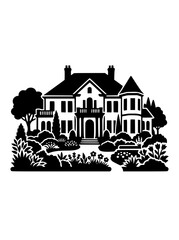 Fototapeta premium Victorian Mansion Silhouette with Lush Garden Landscape Vector Illustration