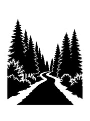 Fototapeta premium Winding Forest Path Silhouette with Pine Trees Illustration